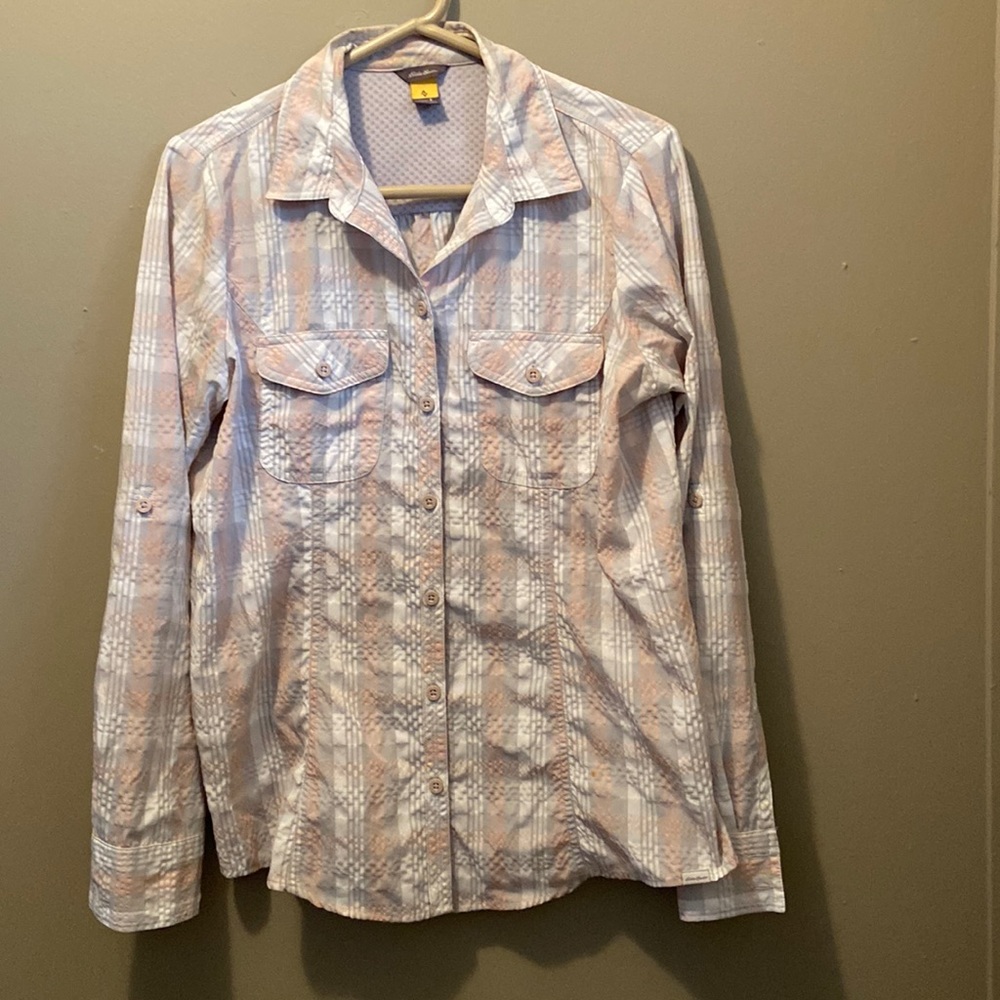 Eddie Bauer Women's Button Down Pastel Plaid Shirt Size Small
